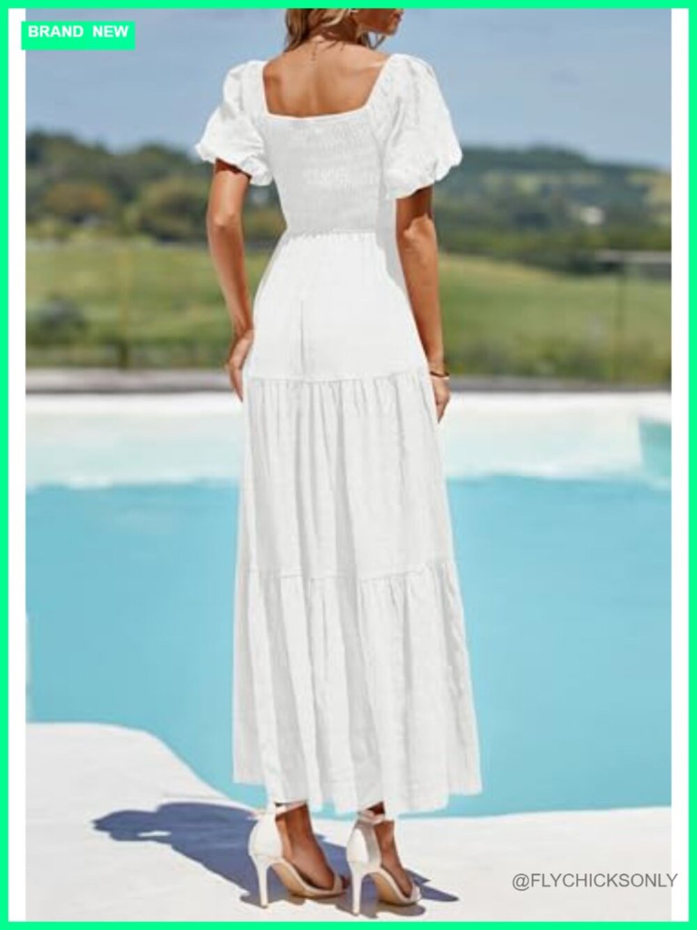 Puff Short Sleeve Maxi Dress Square Neck Smocked Tiered Ruffle A Line Flowy - Picture 2 of 7